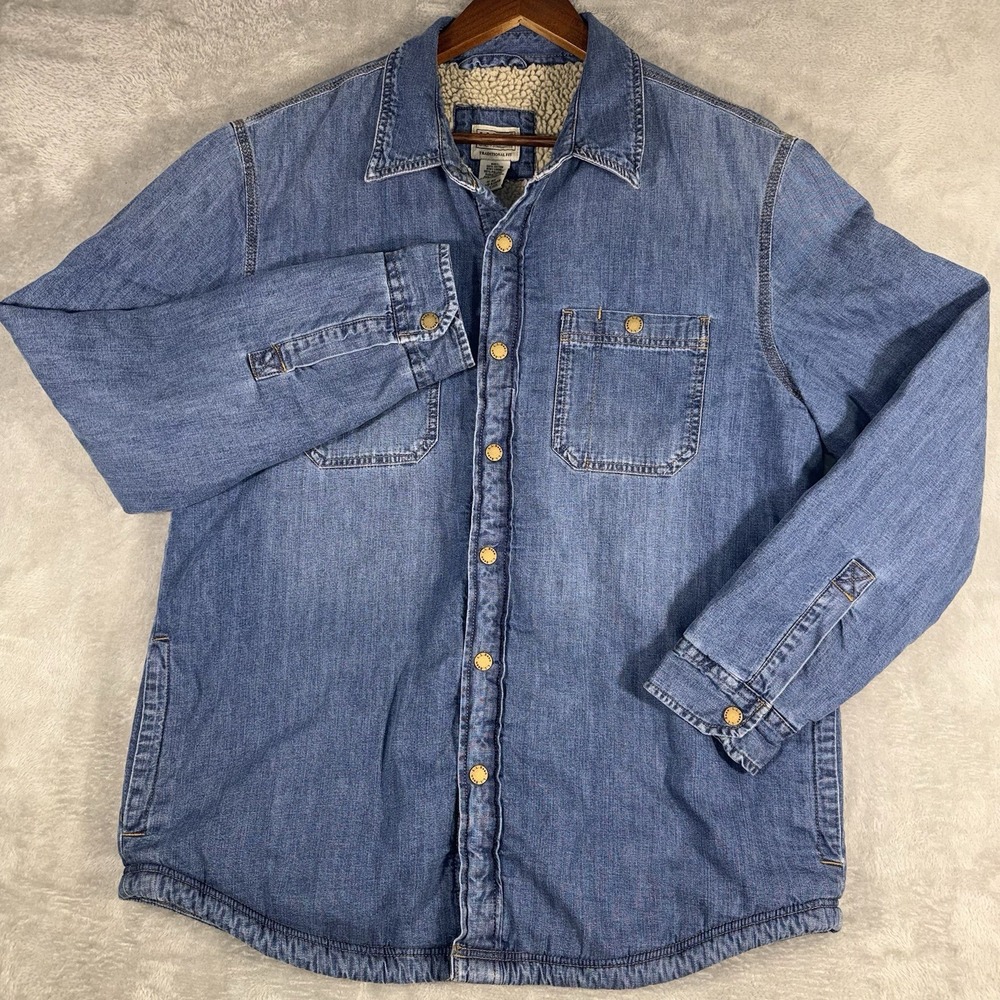 LL Bean 1912 Heritage Sherpa Lined Denim Shirt Jacket Men's Med Snap Up Shacket